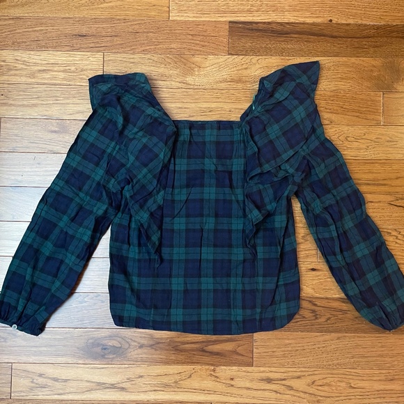 NWT J. Crew Square-Neck Black Watch Plaid Flannel Ruffle Top Size Small - Picture 7 of 8